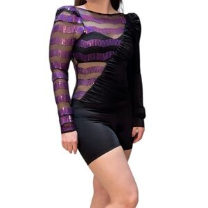 Kelle Costumes Black Purple Sheer Long Sleeve Dance Romper Biketard Medium Adult